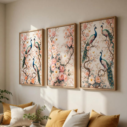 Peacock Floral Wall Painting Set of 3 with Wooden Frames | Elegant Bird & Blossom Artwork HD Sparkle Laminated MDF Wall Decor | Botanical Peacock Wall Art for Living Room Bedroom Hallway