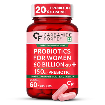 Carbamide Forte Women’s Probiotics Supplement 60 Billion CFU | Gut Health Supplements with Cranberry Extract | Pre & Probiotics Supplement for Gut Health | 60 veg Capsules