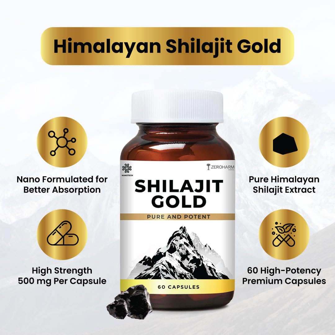 ZEROHARM Nano Shilajit Gold Capsules | Pure Himalayan Shilajit 500mg | Fulvic & Humic Acid | Supports Natural Energy, Stamina & Muscle Growth | Boosts Testosterone Levels for Men | 60 Capsules