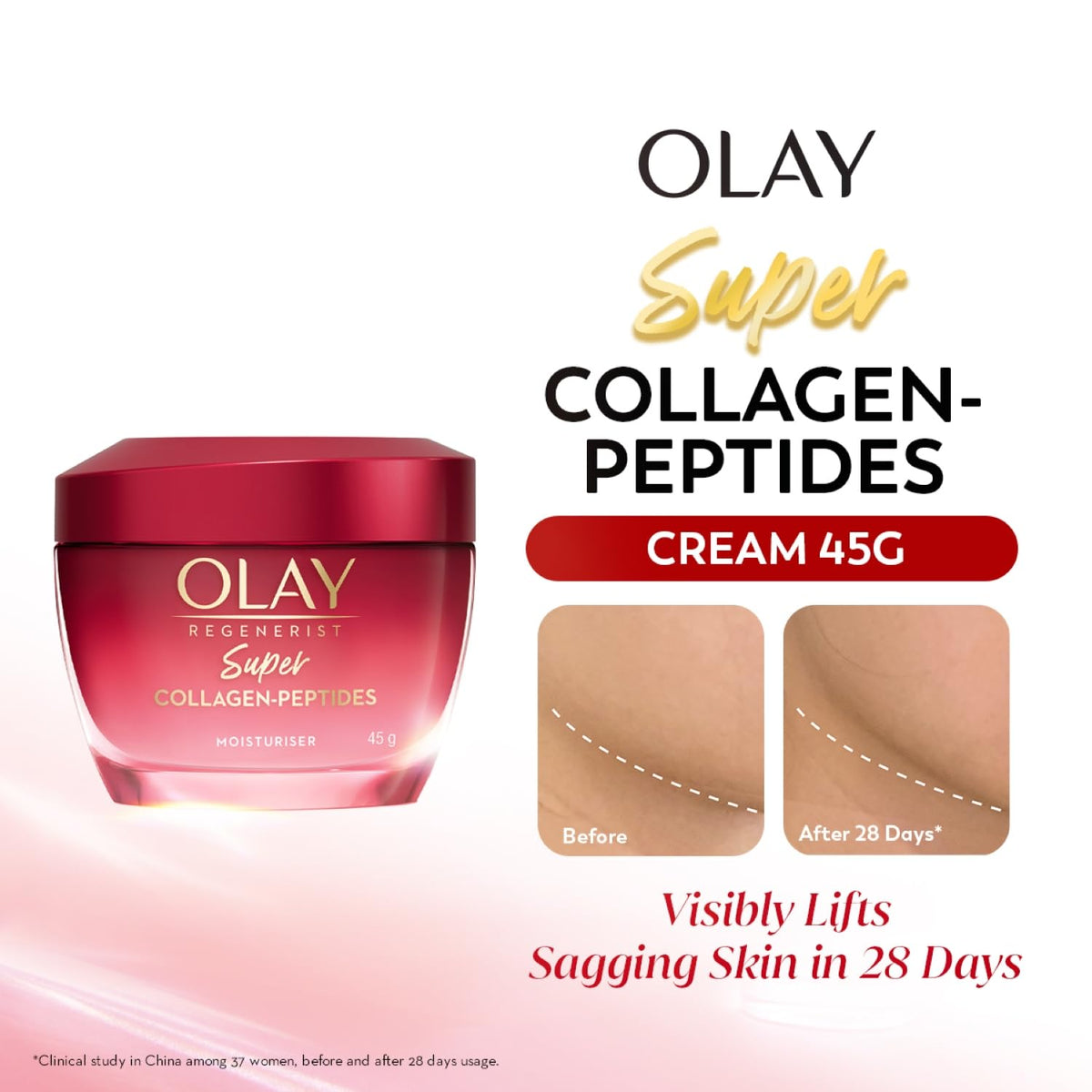 Olay Snail Collagen Peptides cream packaging with product display and text on a white background