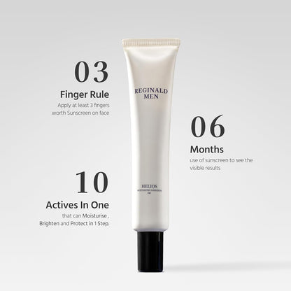 Tube of Reginald Men sunscreen with text on a light gray background