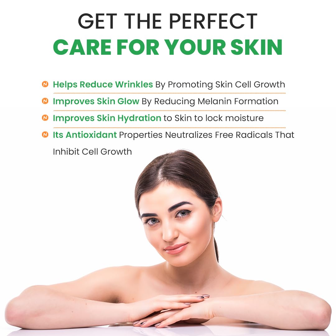 Woman with clear skin and text about skincare benefits on a white background