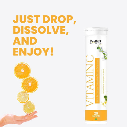 Vitamin C supplement packaging with text 'Just drop, dissolve, and enjoy!' on a white background