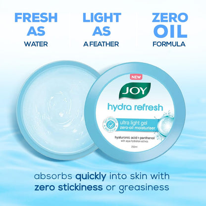 Joy Hydra Refresh Ultra Light Gel, Oil Free Moisturizer with Hyaluronic Acid & Vitamin E 250ml - Non Sticky & Lightweight Face Cream for Oily Skin for 48hr Moisturization