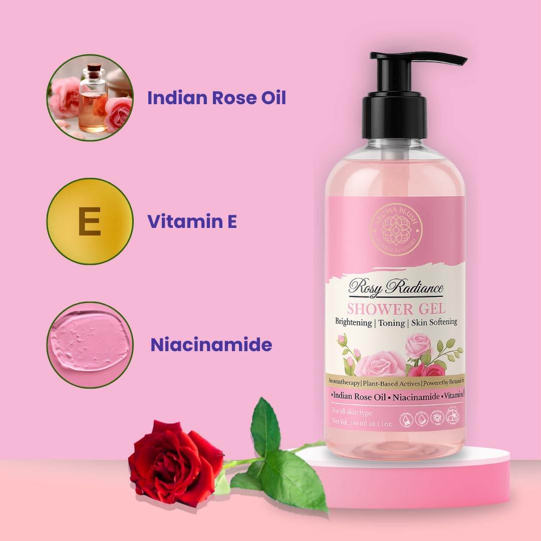 Shower gel bottle with ingredients on a pink background