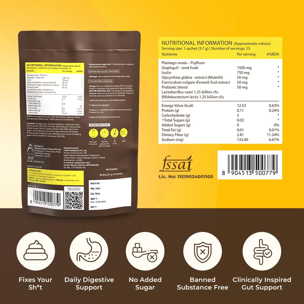 Fast&Up Daily Fiber Isabgol Powder | Psyllium Husk | Fiber Supplement Powder | Constipation Relief | Digestion and Gut Health | Lime & Lemon Flavour | 15 Servings