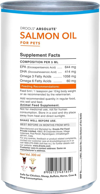Drools Absolute Dog Supplement Syrup 300ml Jar | Salmon Flavour | All Breeds | Promotes Shiny Coat | Boosts Immunity | Aids Brain Development | Helps Prevent Skin Issues | Maintains Heart Health