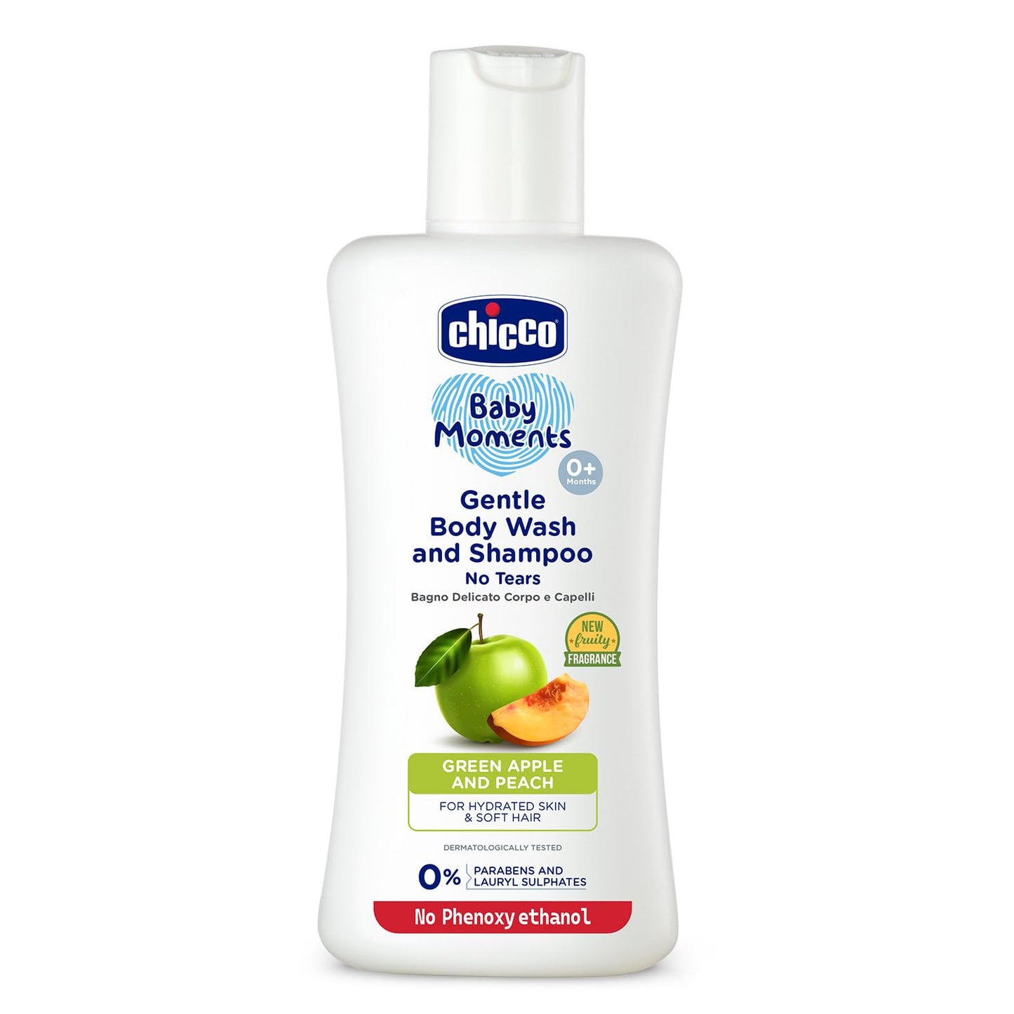 Chicco Baby Moments Gentle Bodywash & Shampoo with Green Apple & Peach, 100ml | Head-to-Toe | No Tears Formula | Hydrated Skin & Hair | Dermatologically Tested | Parabens & Phenoxyethanol Free