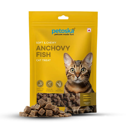 Petoska Anchovy Fish Cat Treats - 100g | Air-Dried Real Anchovy Bites with Taurine & Omega-3 | Chewy High-Protein Snack for Shiny Coat, Heart Support & Weight Control | for Kittens & Adult Cats