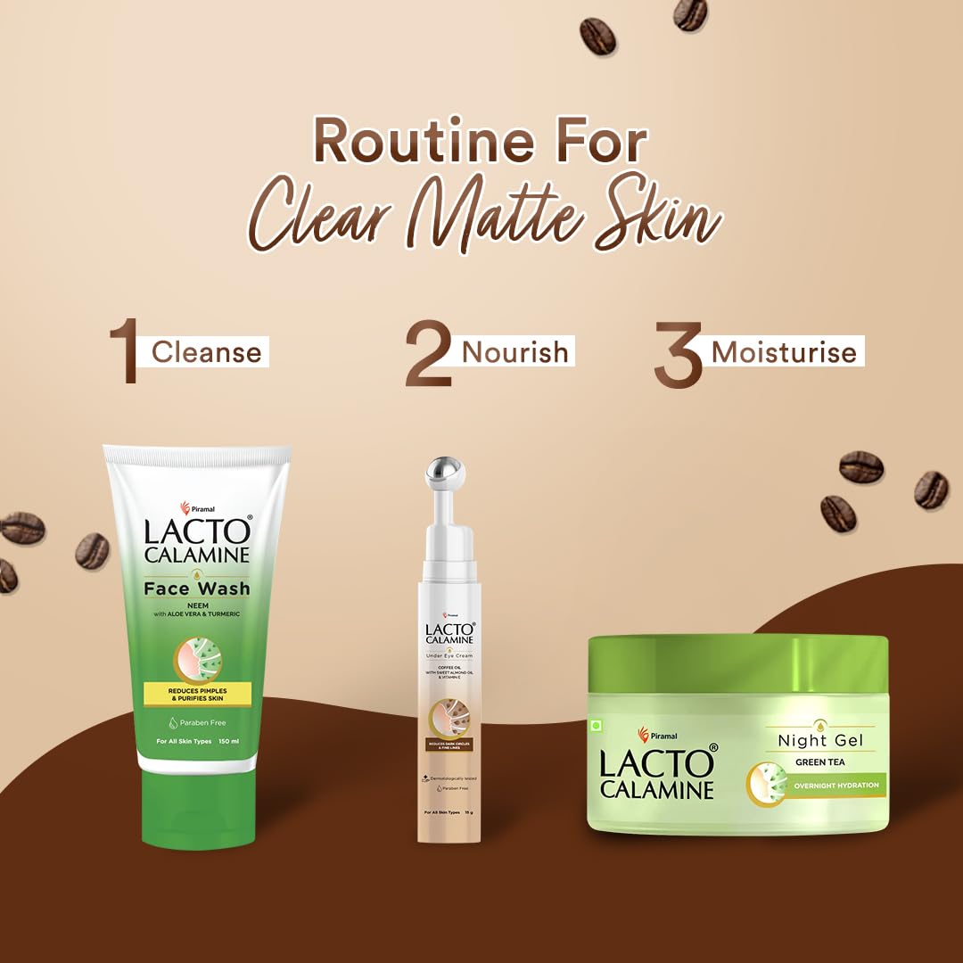 Lacto Calamine Under Eye Cream For Dark Circles for Women & Men | Fine Lines & Puffy Eyes With Cooling Massage Roller | 15g | With Coffee Oil, Multi-Peptides, Niacinamide, & Vitamin E