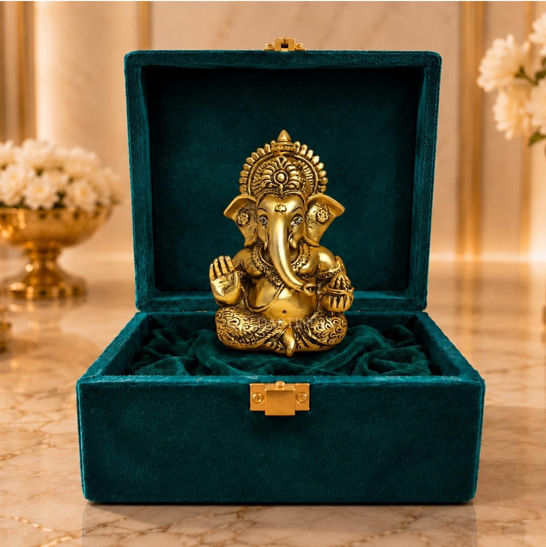 Gold Art India Lord Ganesha 24K Gold Plated Idol | Antique Matte Finish | Premium Peacock Green Velvet Gift Box | Ganesh Murti for Home Temple, Office Desk & Car Dashboard | Luxury Spiritual Gift