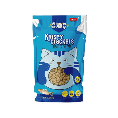Taiyo Miow Miow Krispy Crackers Crunchy Cat Treats, 60g – Salmon Flavour | High-Protein Biscuits with Fiber, Vitamins & Minerals | Healthy Cat Snack for All Life Stages