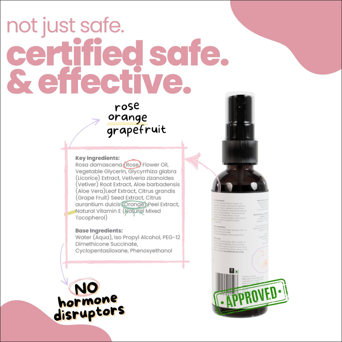 Bottle of a skincare product with text highlighting safety and effectiveness on a white background.