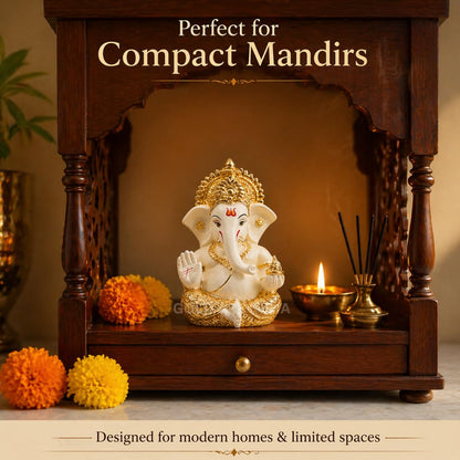 Gold Art India Ganesha Gold Plated Idol for Car Dashboard Ganesha Murti Ganpati Idol for Home Decor Puja Lord Ganesh Statue Gift for Office Desk Puja Room Figurine (Gold and Cream)