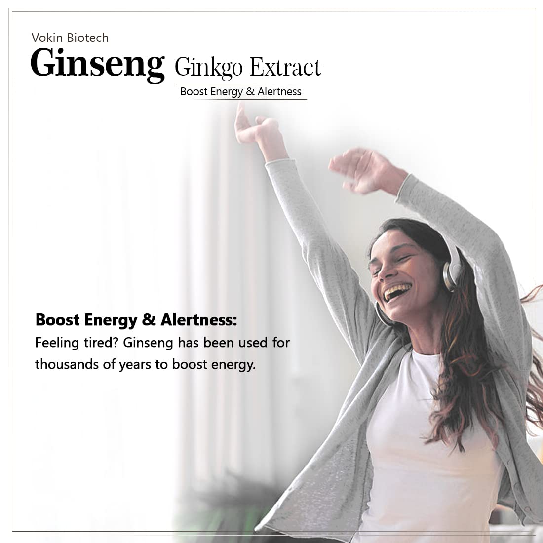 Advertisement for Vokin Biotech Ginseng Ginkgo Extract showing a woman exercising with text about energy and alertness.
