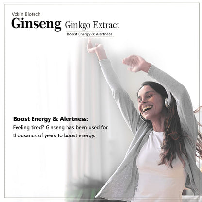 Advertisement for Vokin Biotech Ginseng Ginkgo Extract showing a woman exercising with text about energy and alertness.
