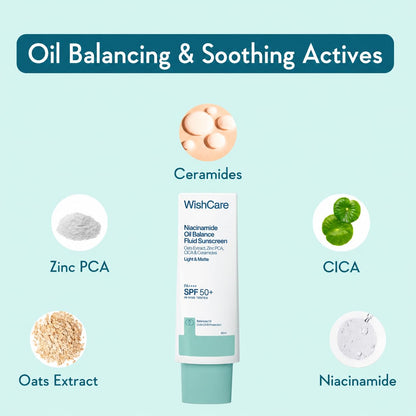 WishCare Niacinamide Oil Balance Fluid Sunscreen SPF 50 PA++++, 80ml | In-Vivo Tested, Lightweight & No White Cast, Photostable Sunscreen For Oily Skin with 8Hrs+ SPF Protection, For Women & Men
