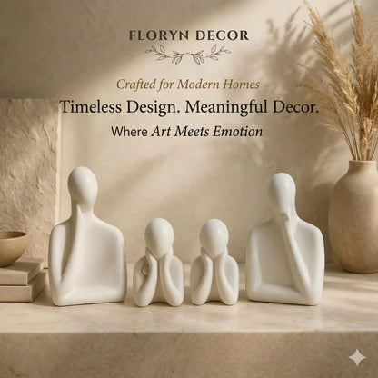 Ceramic Family Statue Set of 4 – Home Decor Items for Living Room, Bedroom, Office & Table Artifact (White)