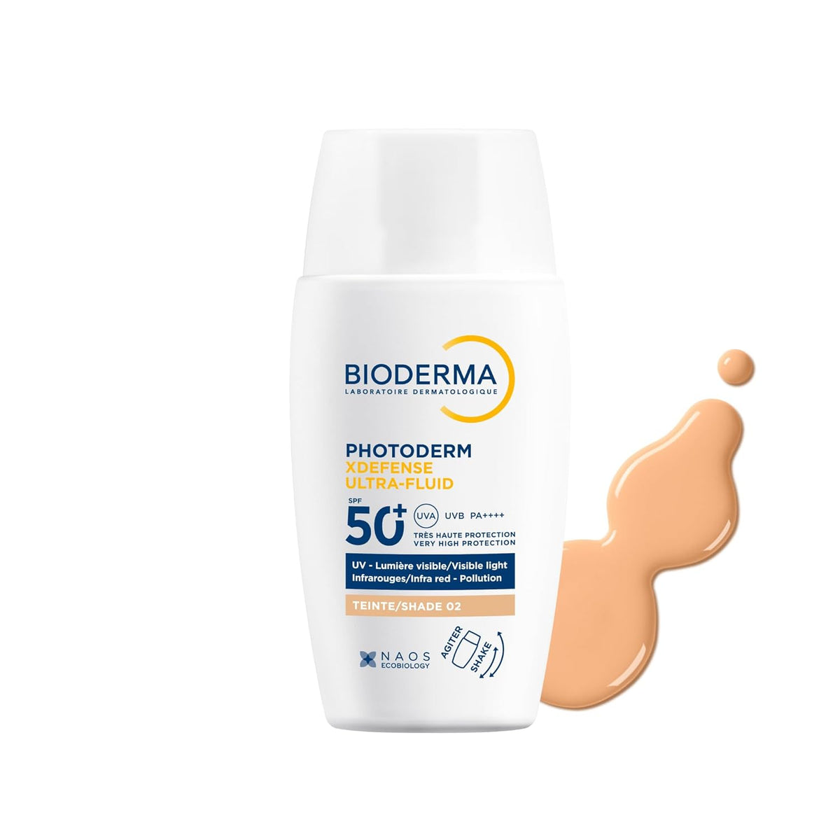 Bioderma sunscreen bottle with a swatch of beige color on a white background