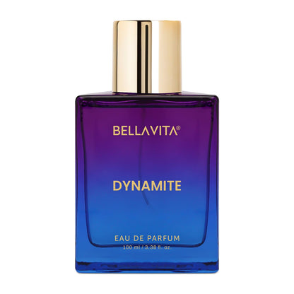 Bellavita Dynamite eau de parfum bottle with gradient purple to blue design on a white background