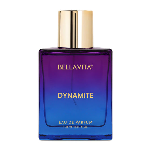 Bellavita Dynamite eau de parfum bottle with gradient purple to blue design on a white background