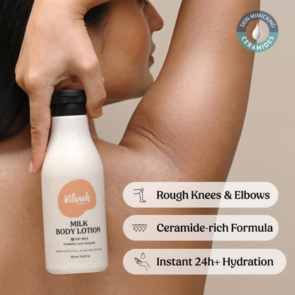 Vilvah Milk Body Lotion | 48H Moisturisation & Skin Barrier Repair | Lightweight, Fast-Absorbing Body Lotion with Oat Milk, Ceramides & Olive Squalane | For All Skin Types | Unisex, Toddler-Friendly | 250ml