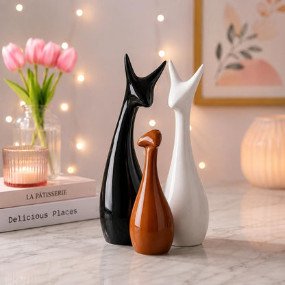 Home Decor Lucky Deer Statue Family Ceramic Figures - (Set of 3, Black,Brown,White)