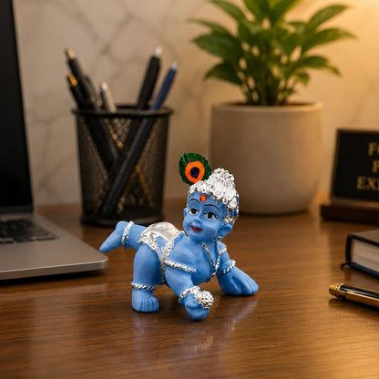 Gold Art India 999 Silver Plated Blue Laddu Gopal Idol | Premium Velvet Gift Box | Bal Krishna Murti for Home Temple & Office | 2.5 Inch