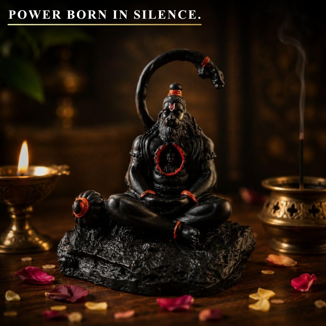 3.5 Inch Meditating Lord Hanuman Idol | Black Finish Bajrangbali Murti with Ram in Heart Design, Gada & Mountain Base for Home Temple, Mandir, Office Desk & Car Dashboard