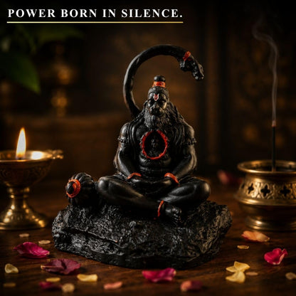 3.5 Inch Meditating Lord Hanuman Idol | Black Finish Bajrangbali Murti with Ram in Heart Design, Gada & Mountain Base for Home Temple, Mandir, Office Desk & Car Dashboard