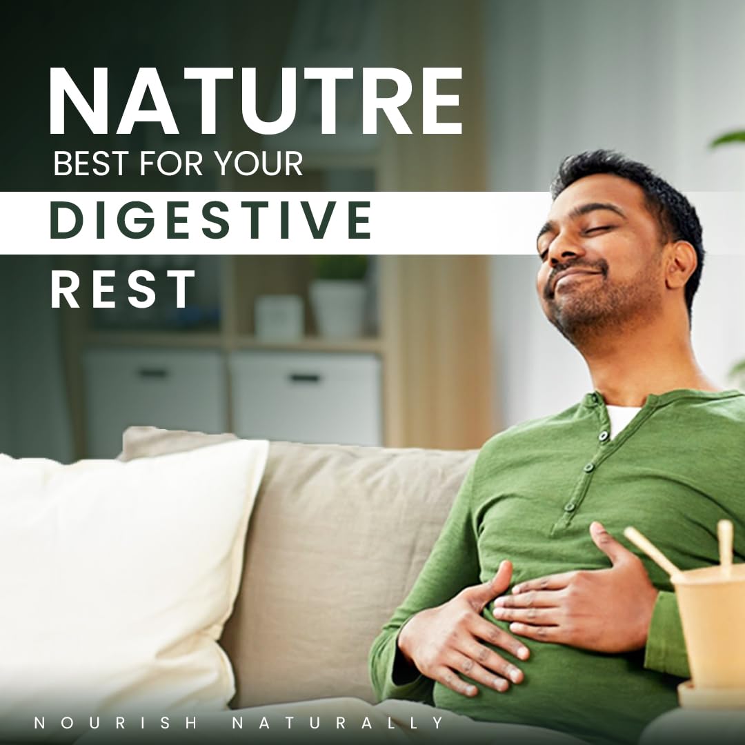 Man sitting on a couch with a cup, text about digestive rest and nature, brand 'Nourish Naturally'.