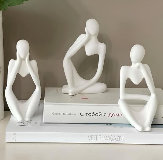 THE SACRED GIFTS Abstract Thinker Men Statues, Elegant Modern Art Showpiece for Home Decor, Living Room, Bedroom, Office, Bookshelf & Table Centerpiece, Thinker Sculpture (Set of 3) (White)