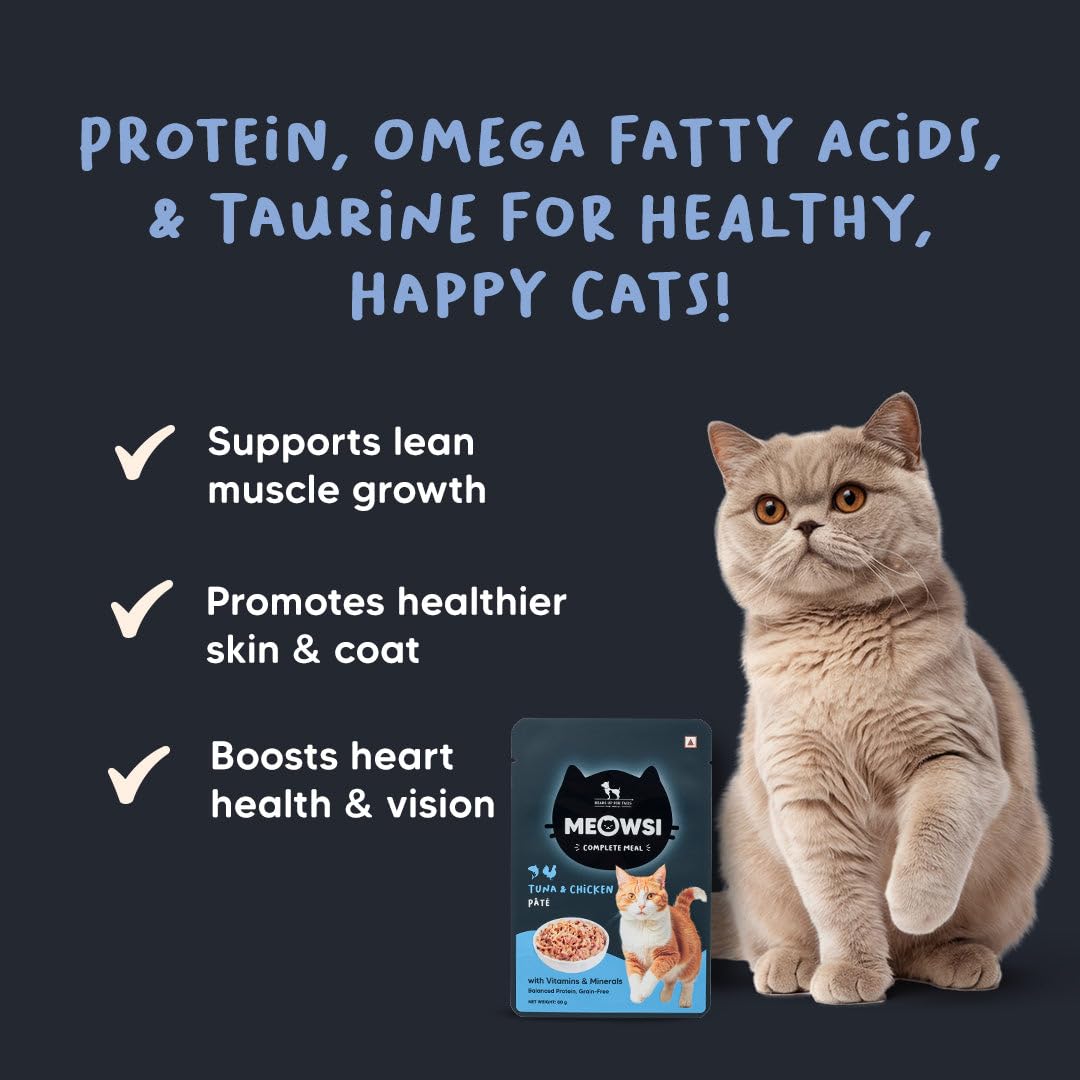 Meowsi by HUFT Tuna & Chicken Pate Cat Wet Food - 80 gm | Protein-Packed, Smooth & Hydrating Meal for Persian & All Breeds | Supports Strong Muscles, Digestion & Shiny Coat