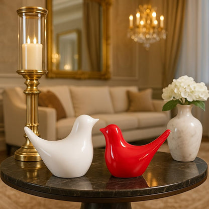 Creative White and Red Glossy Ceramic Birds Figurines Home Decorations Accessories Party (Pack of 2, White & Red)
