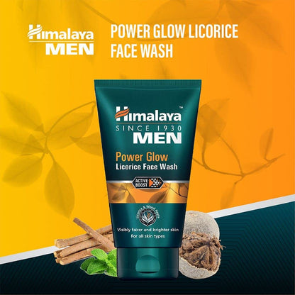 Himalaya Men Power Glow Licorice Face Wash tube on a yellow background with brand logo.
