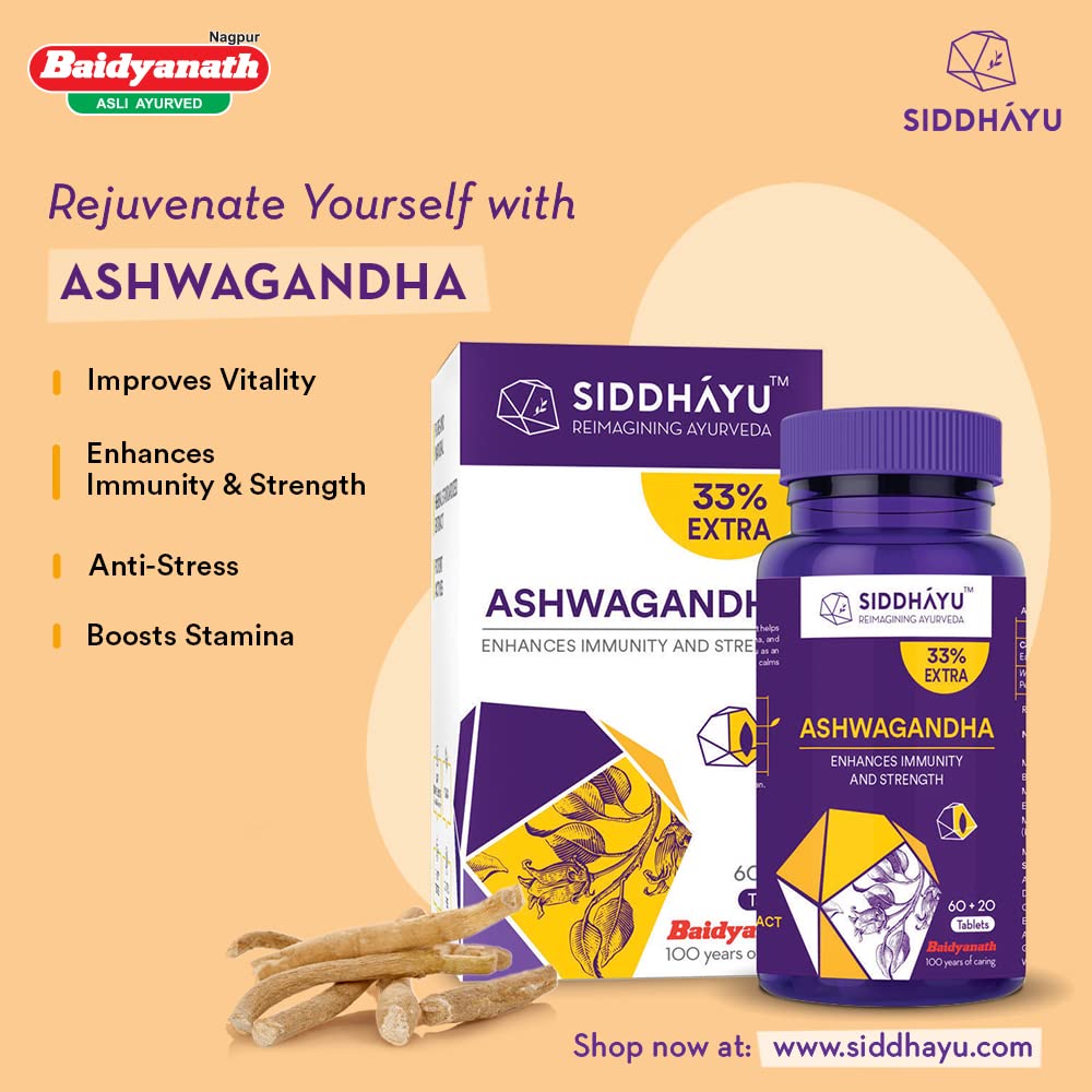 Siddhayu Ashwagandha Tablet | Enhances Immunity and Strength | Rejuvenates Mind & Body | 60 + 20 free Tablets