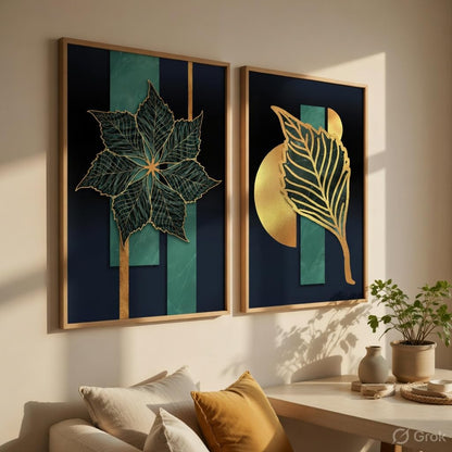 Golden Leaf Wall Painting Set of 2 with Wooden Frames | Modern Botanical Leaf Artwork HD Sparkle Laminated MDF Wall Decor | Luxury Abstract Leaf Wall Art for Living Room