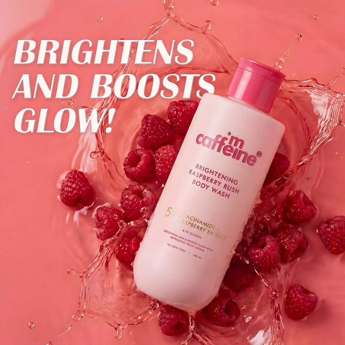 mCaffeine Brightening Body Wash - 5% Niacinamide & Raspberry | Summer Body Wash for Dry Skin | Vitamin C & Glycerin Hydration | Boosts Glow, Deep Cleanses & Softens Skin | Fruity Shower Gel - 300ml