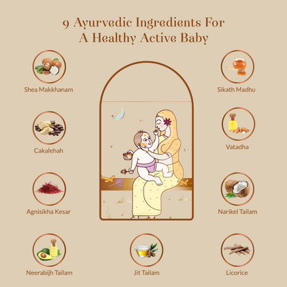 Illustration of a mother holding a baby with 9 Ayurvedic ingredients for a healthy active baby on a beige background.