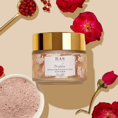 RAS Luxury Oils Brighten Exfoliating Powder to Foam Body Scrub | Tan Removing & Gentle Exfoliation | Orange, Himalayan Rose & Pink Pepper | For Men & Women | Vegan, Toxin & Cruelty Free | 100g