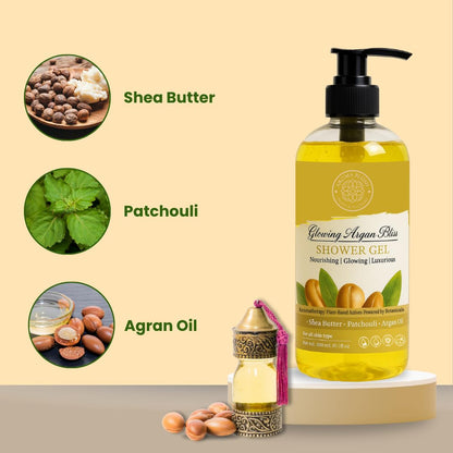 Shower gel bottle with ingredients shea butter, patchouli, and agran oil on a beige background