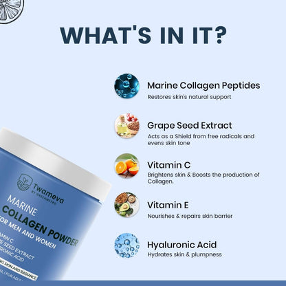 TWAMEVA Collagen Peptides Supplement for Skin, Hair, Nails | Vitamin C, E and Grape Seed Extract| For Healthy Skin,Hair | Marine Collagen Powder for Women & Men | Orange Flavour | 200g