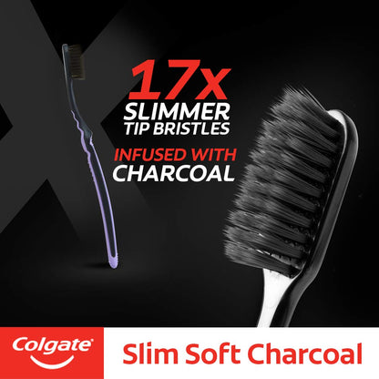 Colgate Visible White O2, Teeth Whitening Toothpaste, Peppermint Sparkle, 50g & Colgate Slim Soft Charcoal Toothbrush (Buy 2 Get 2 Free) - 4 Pcs