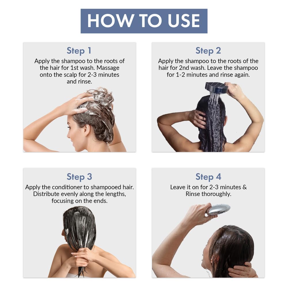 Step-by-step guide on how to use shampoo and conditioner with images of hands applying products to hair.