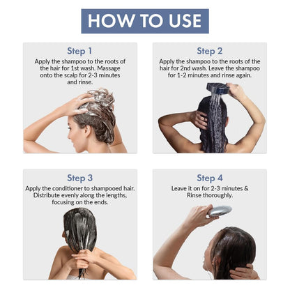 Step-by-step guide on how to use shampoo and conditioner with images of hands applying products to hair.
