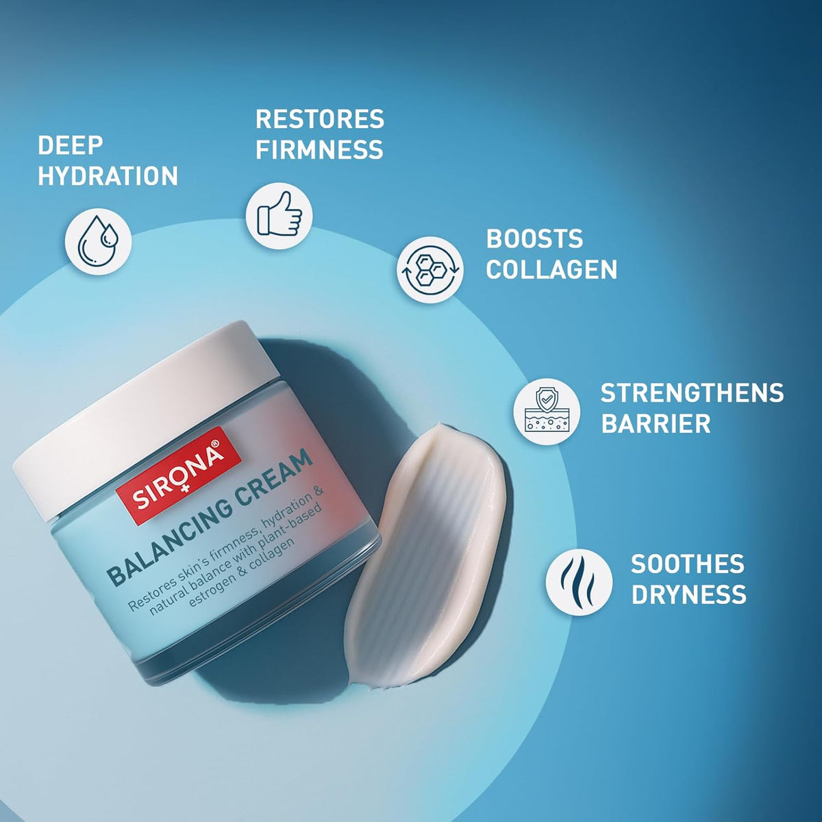 Sirona balancing cream jar with benefits listed on a blue background