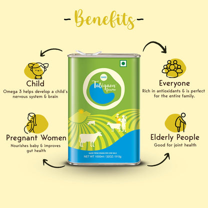 Talegaon Farms Premium Cow Ghee | Pure Desi Ghee | Traditional & Cultured | Vedic Bilona Method | Natural, Lactose-Free & Gluten-Free | Fresh, Healthy & Lab Tested | Tin Pack