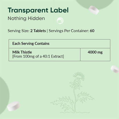 Transparent label for milk thistle tablets with serving size and container information on a green background.