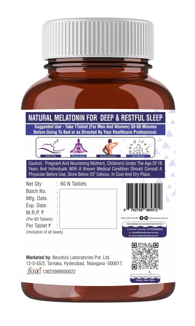 Bottle of Natural Melatonin for deep and restful sleep with label details.