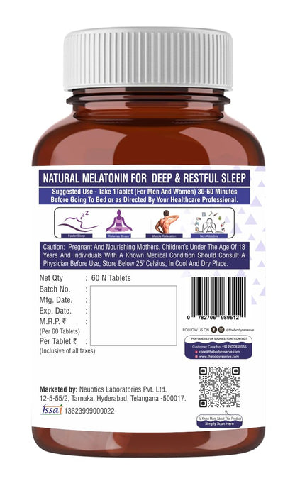 Bottle of Natural Melatonin for deep and restful sleep with label details.